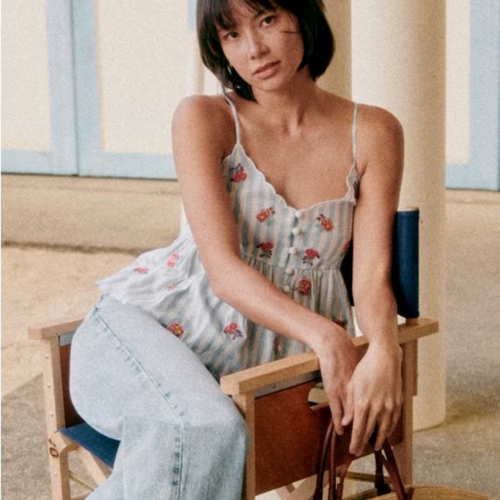 Sezane Adelmo Spaghetti Strap Top Blouse Striped Blue